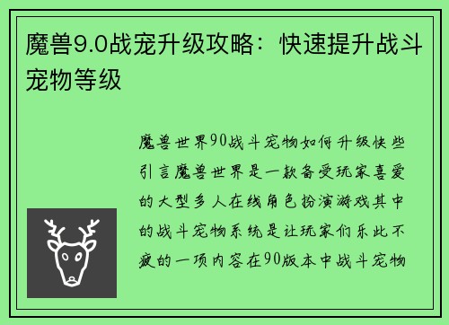 魔兽9.0战宠升级攻略：快速提升战斗宠物等级